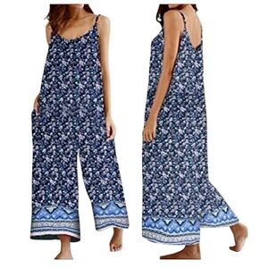 Women’s Boho Floral Wide-Leg Jumpsuit Size XXL XL Blue Pink Cottage Summer